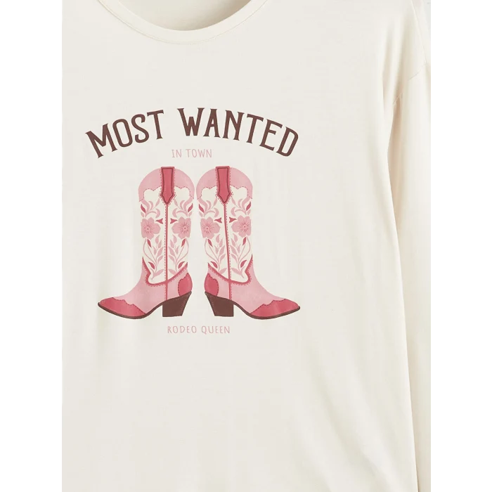 LCW DREAM Ekru Bisiklet Yaka Baskılı Kadın Pijama Takımı