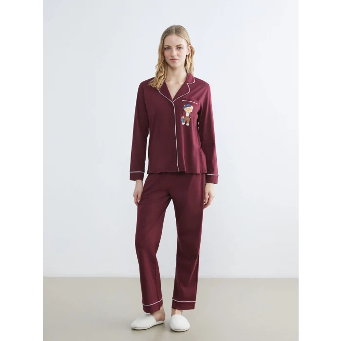 LCW DREAM Bordo Gömlek Yaka Ayı Teddy Baskılı Kadın Pijama Takımı