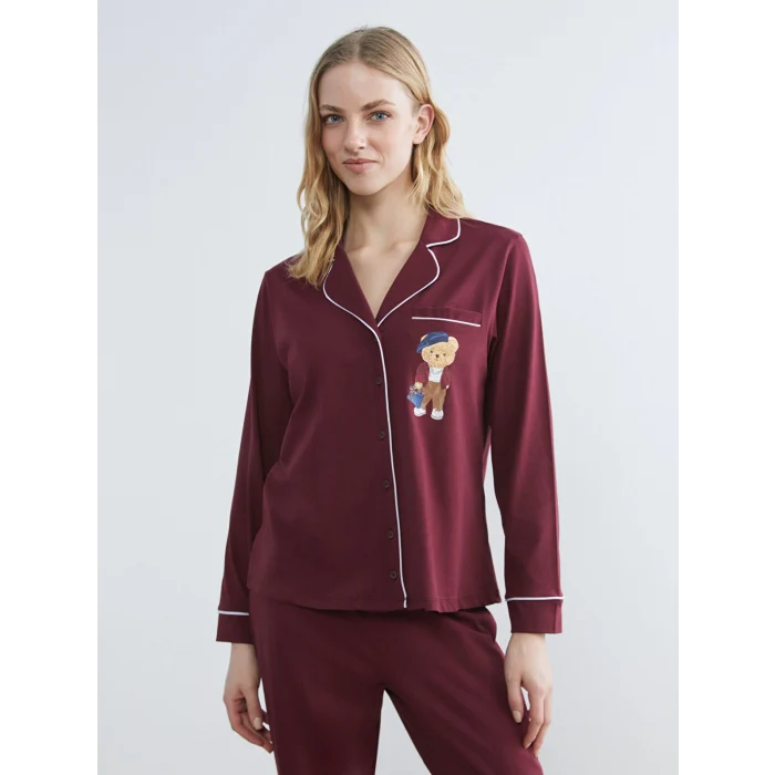 LCW DREAM Bordo Gömlek Yaka Ayı Teddy Baskılı Kadın Pijama Takımı