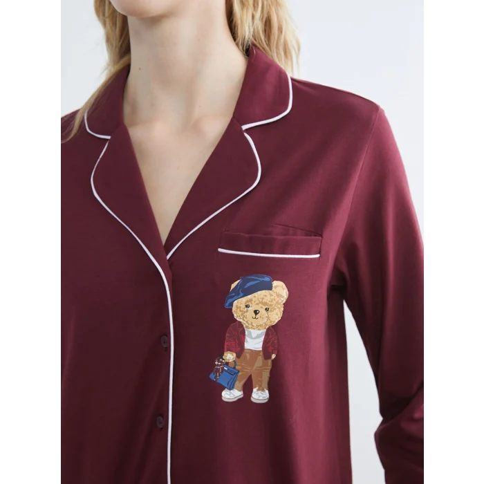LCW DREAM Bordo Gömlek Yaka Ayı Teddy Baskılı Kadın Pijama Takımı