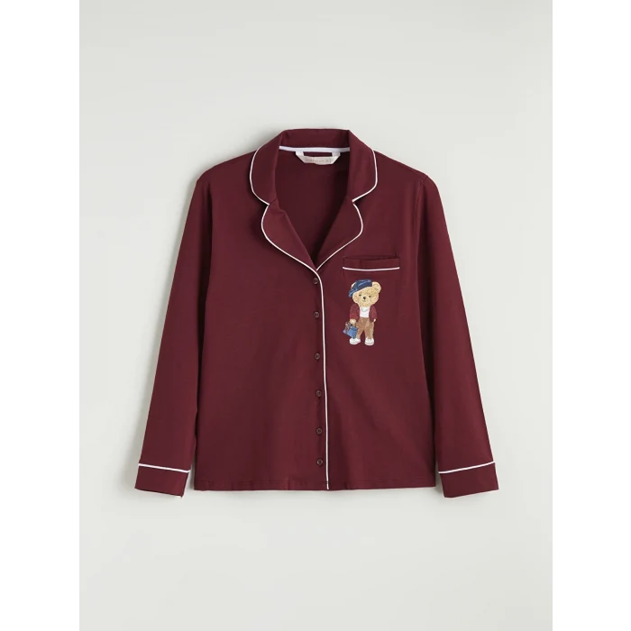 LCW DREAM Bordo Gömlek Yaka Ayı Teddy Baskılı Kadın Pijama Takımı