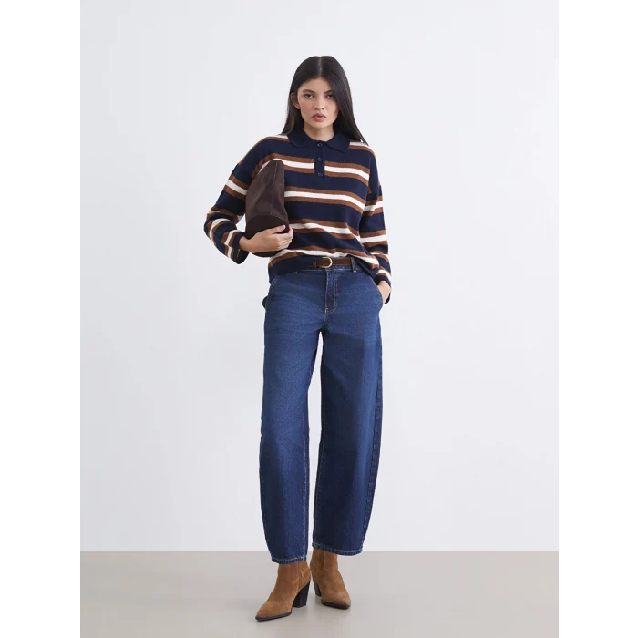 LCW Jeans İndigo Beli Kemerli Barrel Fit Kadın Jean Pantolon