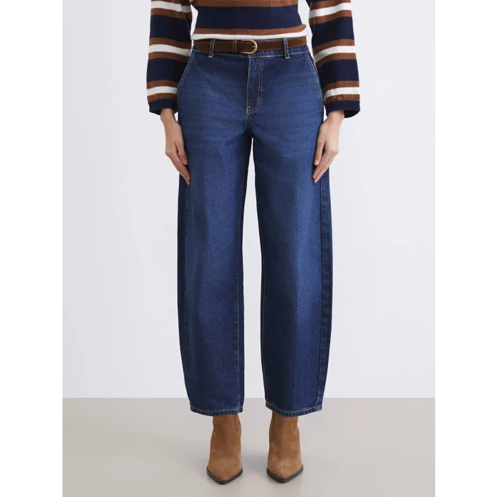 LCW Jeans İndigo Beli Kemerli Barrel Fit Kadın Jean Pantolon