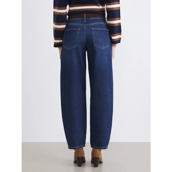 LCW Jeans İndigo Beli Kemerli Barrel Fit Kadın Jean Pantolon