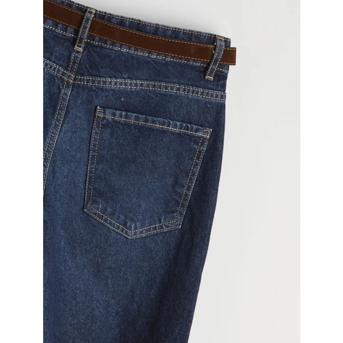 LCW Jeans İndigo Beli Kemerli Barrel Fit Kadın Jean Pantolon