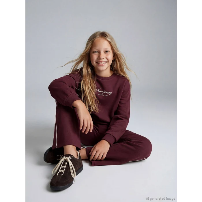 LCW Kids Mürdüm Bisiklet Yaka Kız Çocuk Soft Touch Sweatshirt ve Eşofman Altı