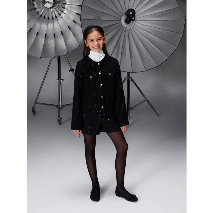 LCW Kids Siyah Pul İşlemeli Kız Çocuk Tüvit Ceket