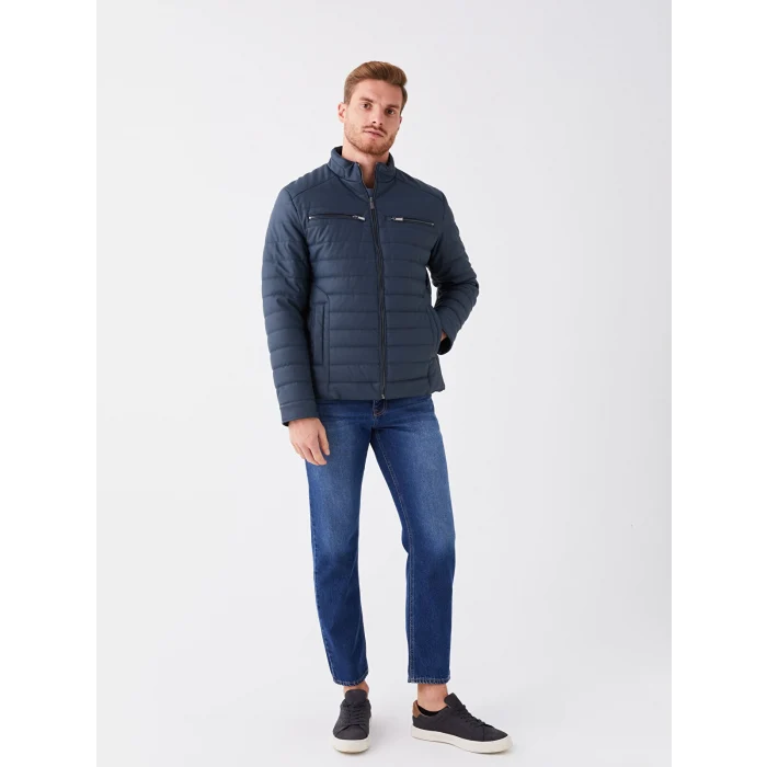 LCWAIKIKI Classic Lacivert Standart Kalıp Dik Yaka Erkek Deri Görünümlü Mont