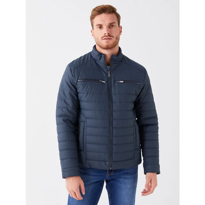 LCWAIKIKI Classic Lacivert Standart Kalıp Dik Yaka Erkek Deri Görünümlü Mont