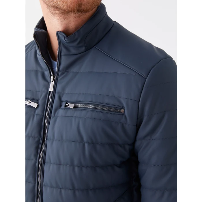 LCWAIKIKI Classic Lacivert Standart Kalıp Dik Yaka Erkek Deri Görünümlü Mont