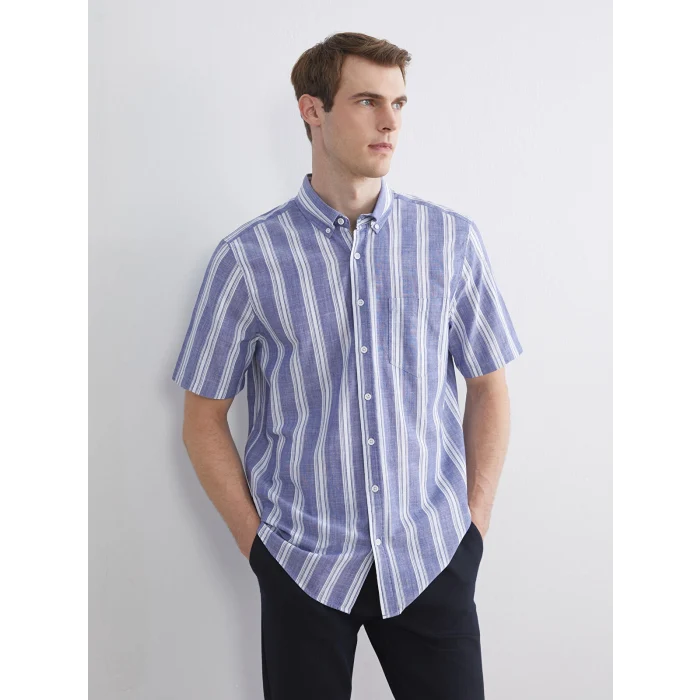 LCWAIKIKI Classic Lacivert Regular Fit Kısa Kollu Çizgili Erkek Gömlek