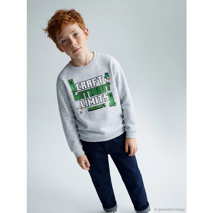 LCW Kids Gri Bisiklet Yaka Minecraft Baskılı Erkek Çocuk Kalın Sweatshirt