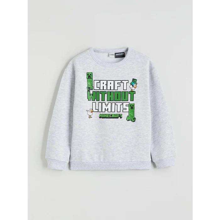 LCW Kids Gri Bisiklet Yaka Minecraft Baskılı Erkek Çocuk Kalın Sweatshirt
