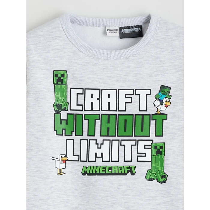 LCW Kids Gri Bisiklet Yaka Minecraft Baskılı Erkek Çocuk Kalın Sweatshirt