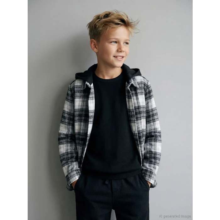 LCW Kids Gri Kapüşonlu Ekose Erkek Çocuk Gömlek