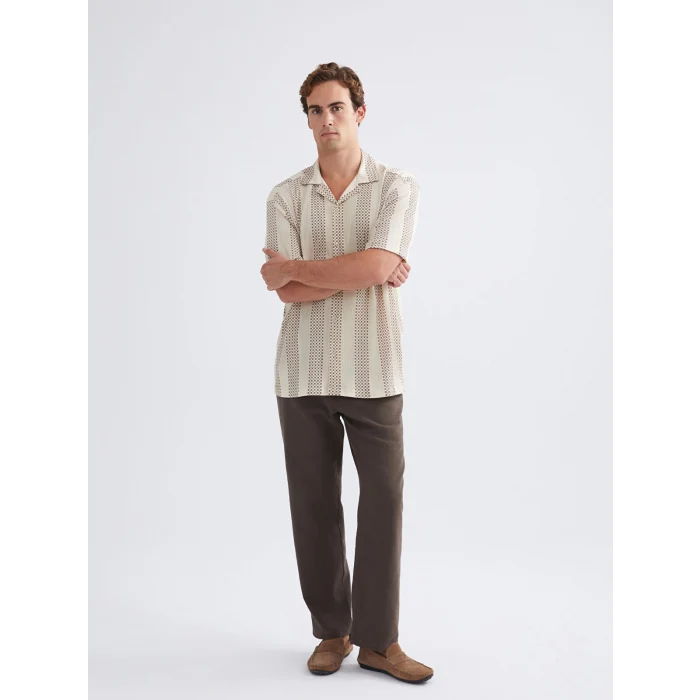 LCW Vision Bej Regular Fit Resort Yaka Kısa Kollu Çizgili Erkek Gömlek