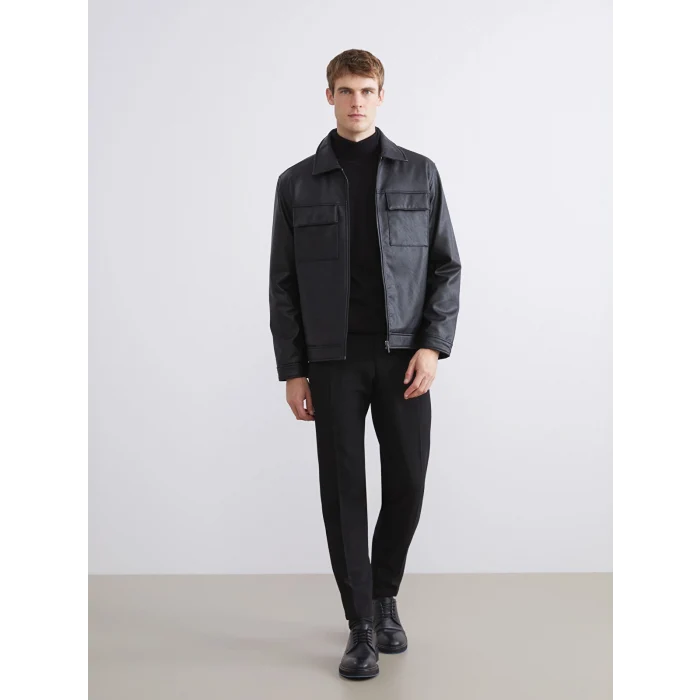 SOUTHBLUE Siyah Standart Kalıp Gömlek Yaka Erkek Deri Görünümlü Mont