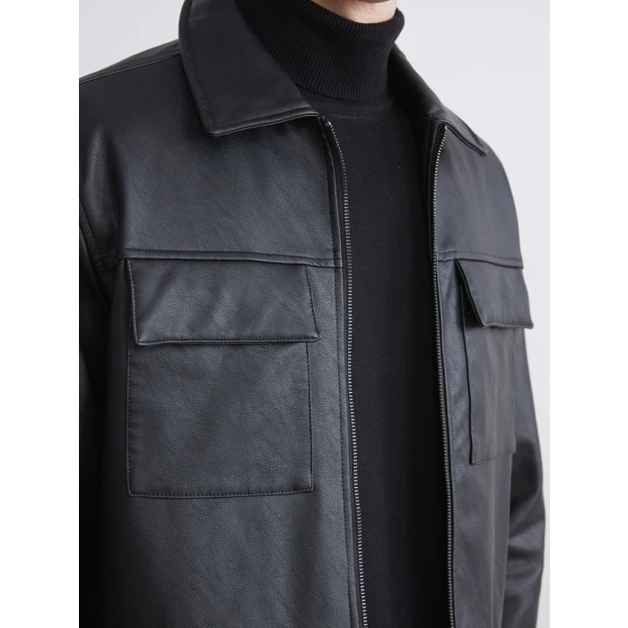 SOUTHBLUE Siyah Standart Kalıp Gömlek Yaka Erkek Deri Görünümlü Mont