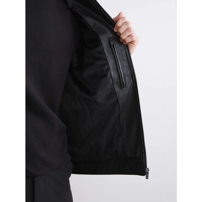 SOUTHBLUE Siyah Standart Kalıp Gömlek Yaka Erkek Deri Görünümlü Mont