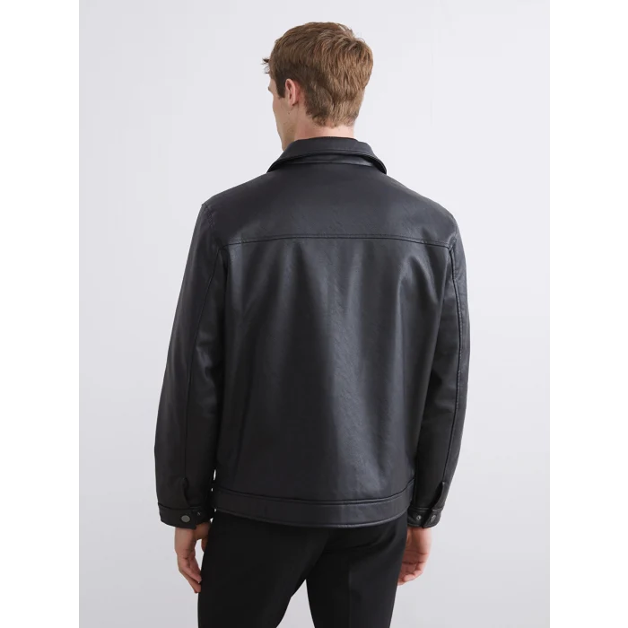 SOUTHBLUE Siyah Standart Kalıp Gömlek Yaka Erkek Deri Görünümlü Mont