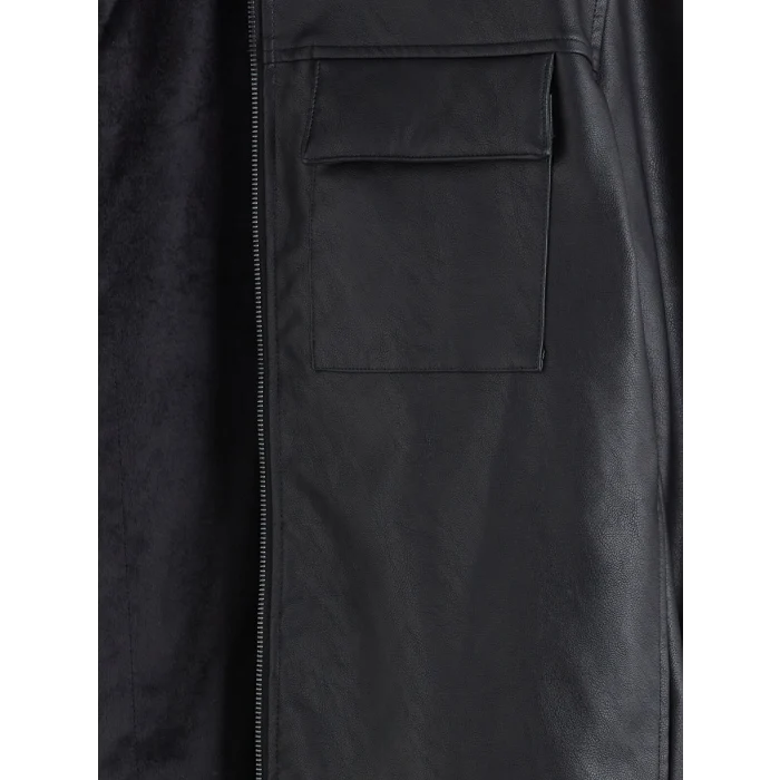 SOUTHBLUE Siyah Standart Kalıp Gömlek Yaka Erkek Deri Görünümlü Mont