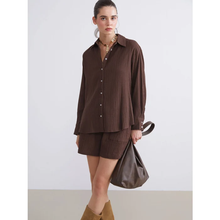 LCW Vision Kahverengi Dokulu Müslin Kadın Gömlek