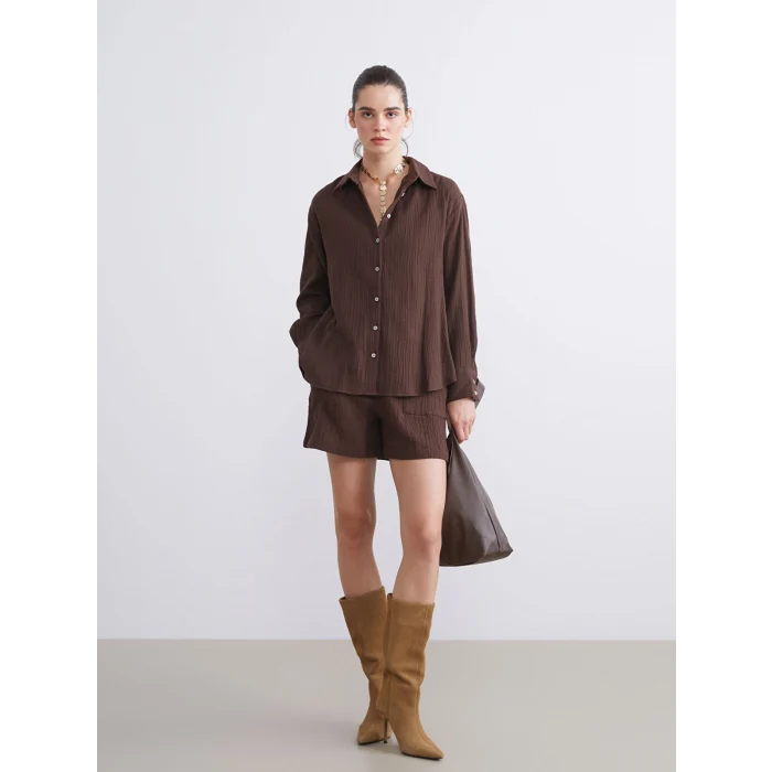 LCW Vision Kahverengi Dokulu Müslin Kadın Gömlek
