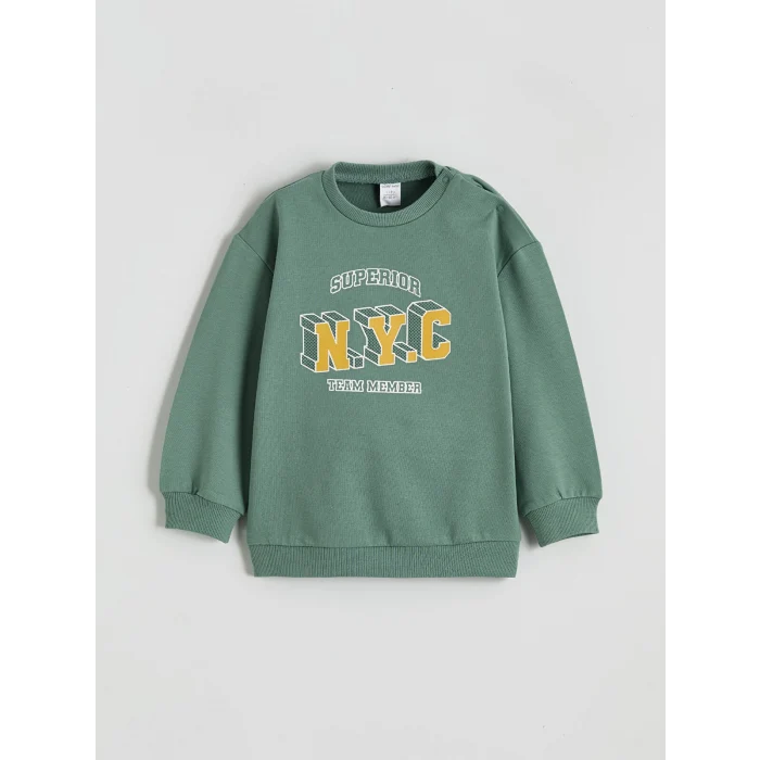 LCW baby Yeşil Bisiklet Yaka Baskılı Erkek Bebek Sweatshirt
