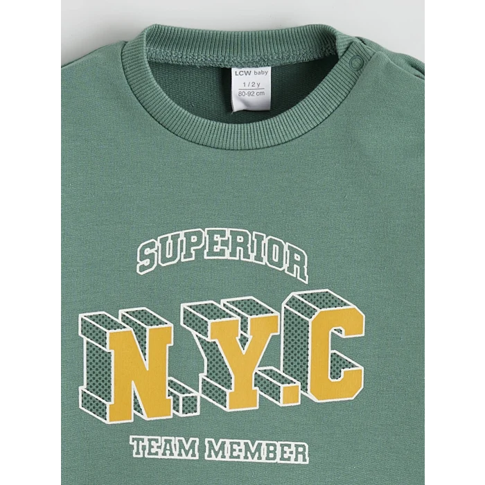 LCW baby Yeşil Bisiklet Yaka Baskılı Erkek Bebek Sweatshirt