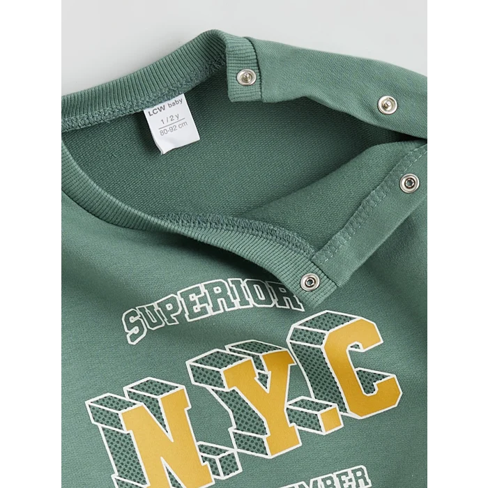 LCW baby Yeşil Bisiklet Yaka Baskılı Erkek Bebek Sweatshirt