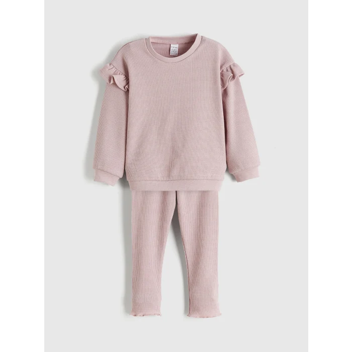LCW baby Pembe Bisiklet Yaka Basic Kız Çocuk Sweatshirt ve Tayt