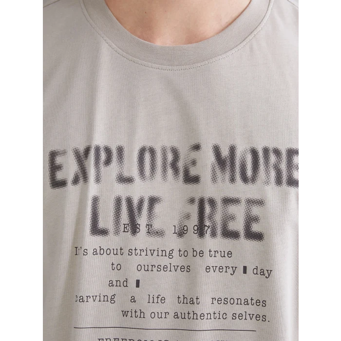 XSIDE Bej Bisiklet Yaka Baskılı Penye Erkek Tişört