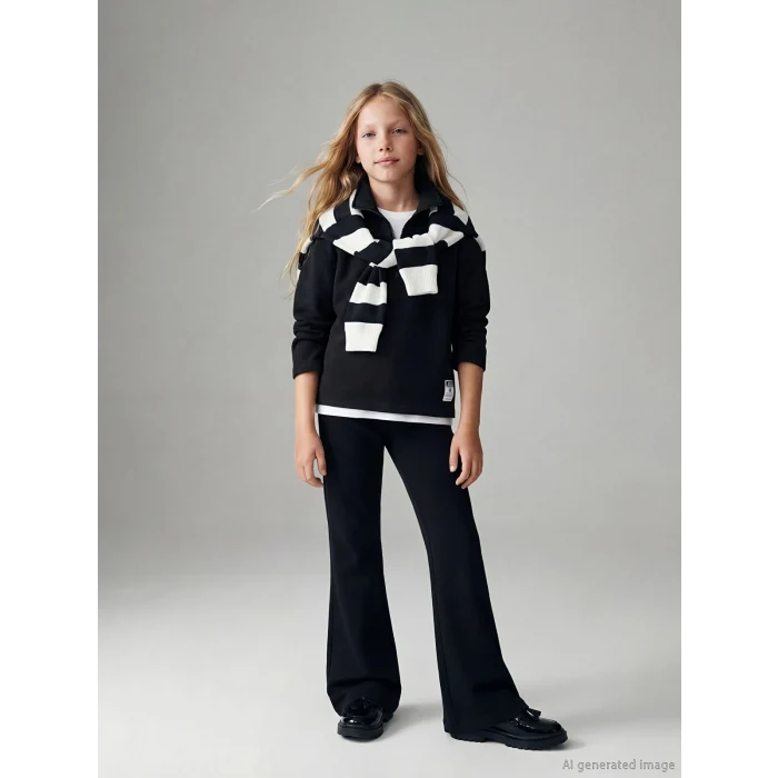 LCW Kids Siyah Polo Yaka Kız Çocuk Soft Touch Eşofman Takım