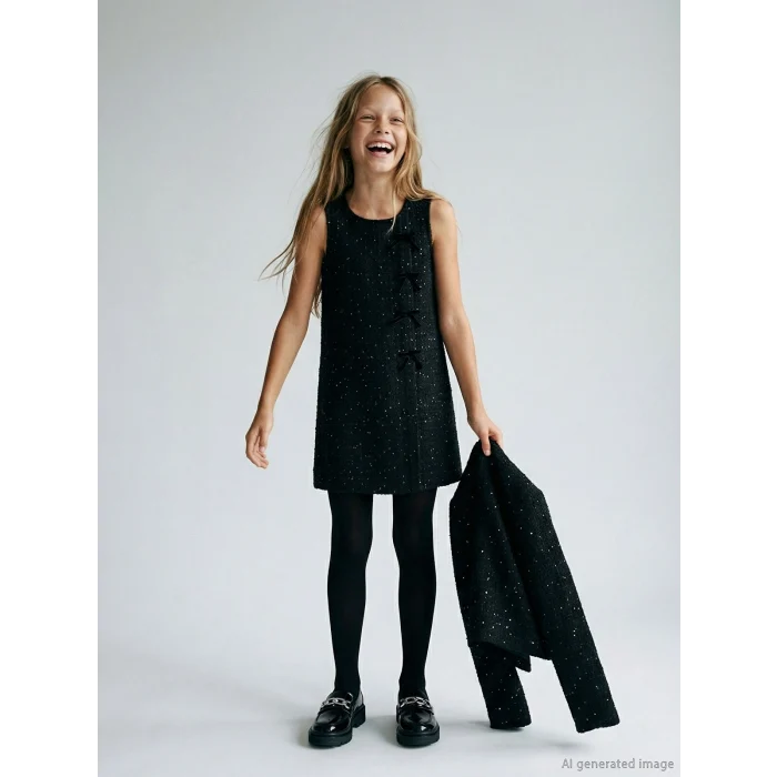 LCW Kids Siyah Bisiklet Yaka Fiyonk Detaylı Kız Çocuk Tüvit Elbise