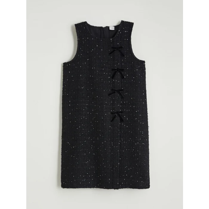 LCW Kids Siyah Bisiklet Yaka Fiyonk Detaylı Kız Çocuk Tüvit Elbise