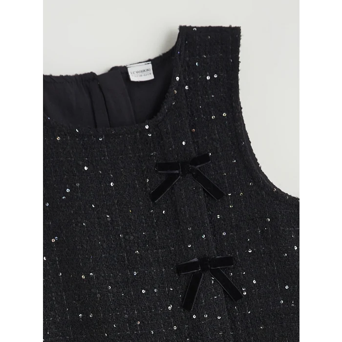 LCW Kids Siyah Bisiklet Yaka Fiyonk Detaylı Kız Çocuk Tüvit Elbise