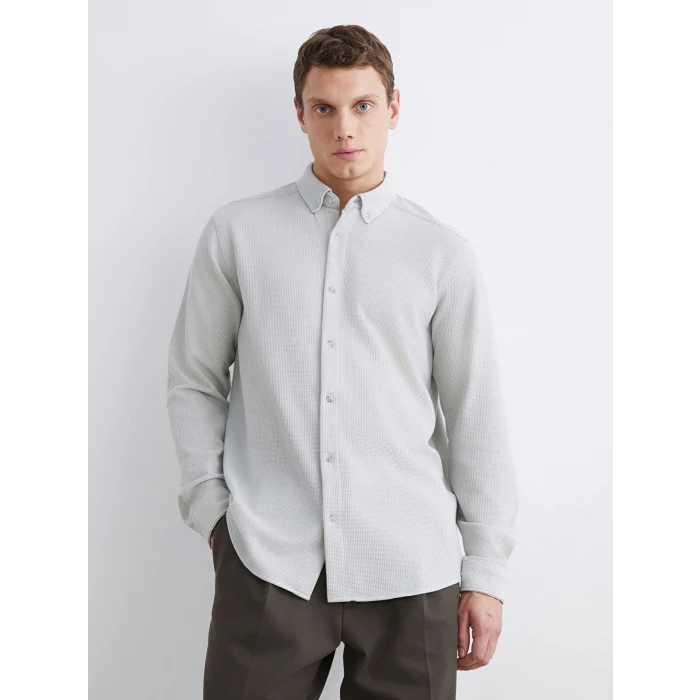 LCW Vision Bej Slim Fit Uzun Kollu Erkek Dokulu Gömlek