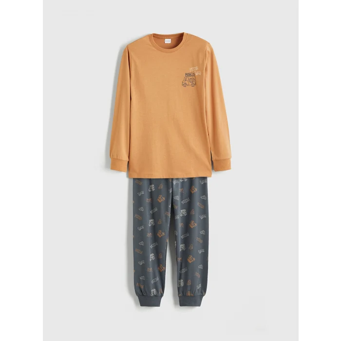 LCW Kids Kahverengi Bisiklet Yaka Erkek Çocuk Pijama Takımı