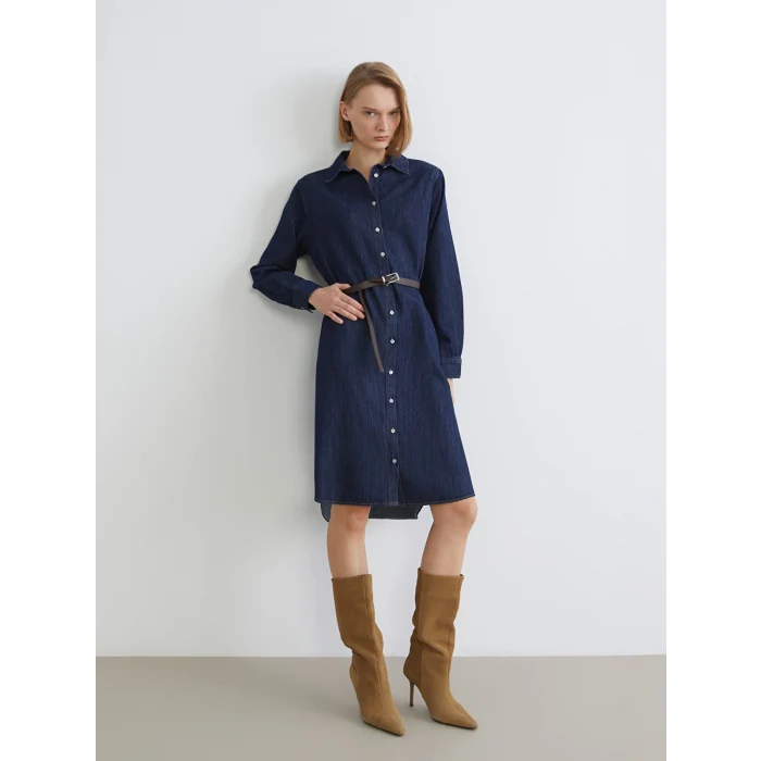 LCWAIKIKI Classic İndigo Kemerli Jean Gömlek Elbise