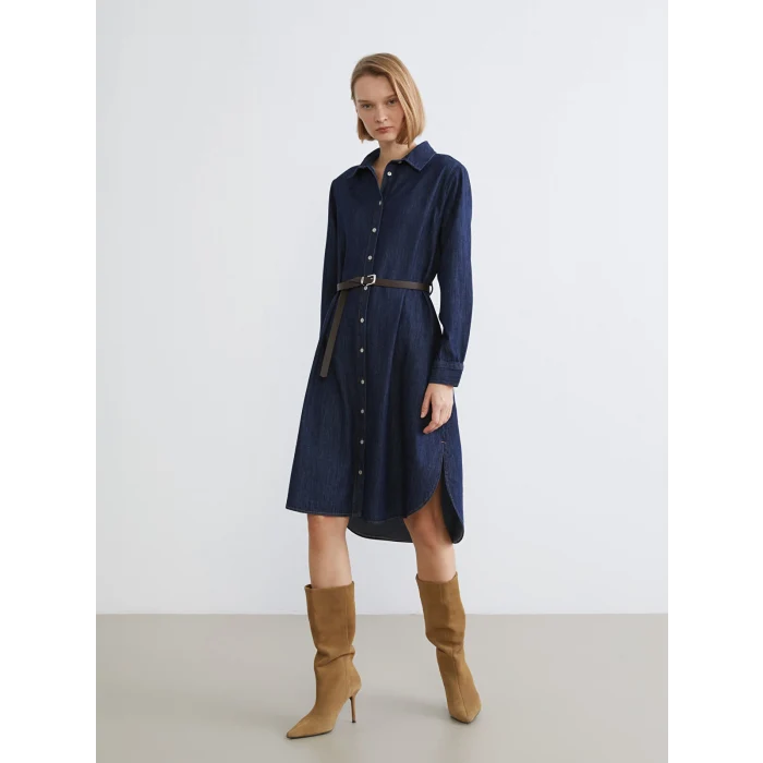 LCWAIKIKI Classic İndigo Kemerli Jean Gömlek Elbise