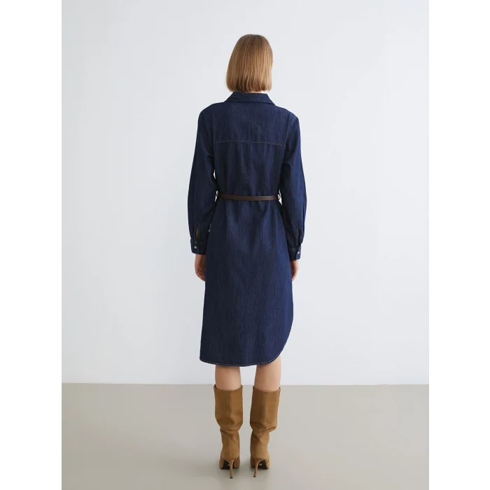 LCWAIKIKI Classic İndigo Kemerli Jean Gömlek Elbise