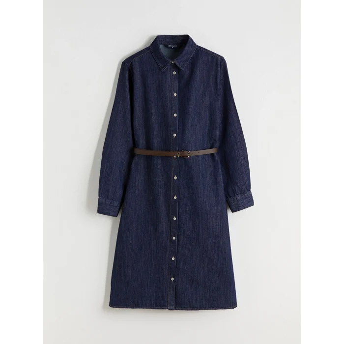 LCWAIKIKI Classic İndigo Kemerli Jean Gömlek Elbise