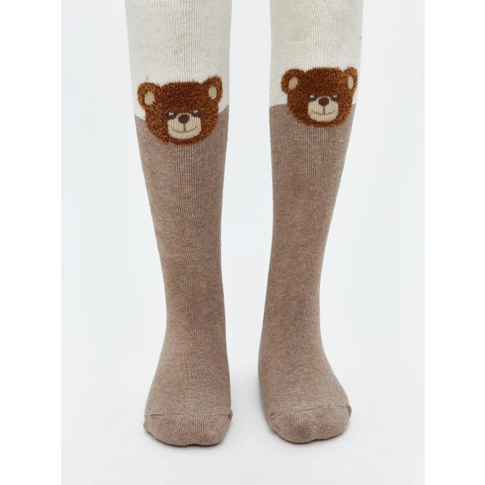 LCW Kids Bej Ayı Teddy Desenli Kız Çocuk Külotlu Çorap