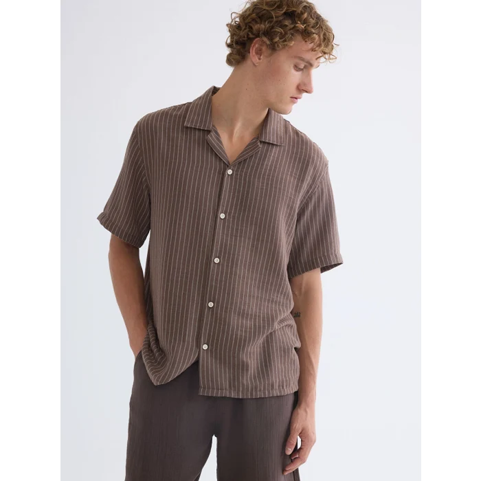 XSIDE Kahverengi Regular Fit Resort Yaka Kısa Kollu Çizgili Erkek Gömlek
