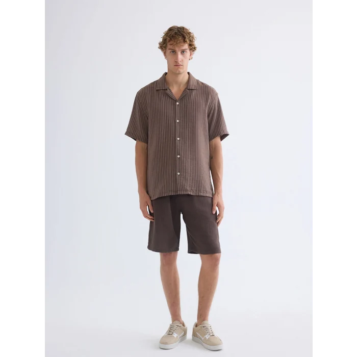 XSIDE Kahverengi Regular Fit Resort Yaka Kısa Kollu Çizgili Erkek Gömlek