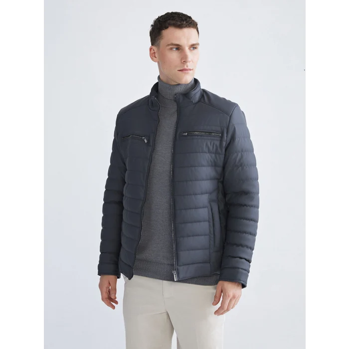 LCWAIKIKI Classic Antrasit Standart Kalıp Dik Yaka Erkek Deri Görünümlü Mont