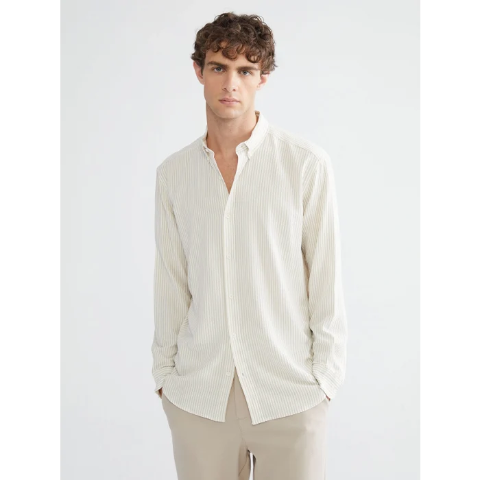 LCW Vision Bej Slim Fit Uzun Kollu Çizgili Erkek Gömlek