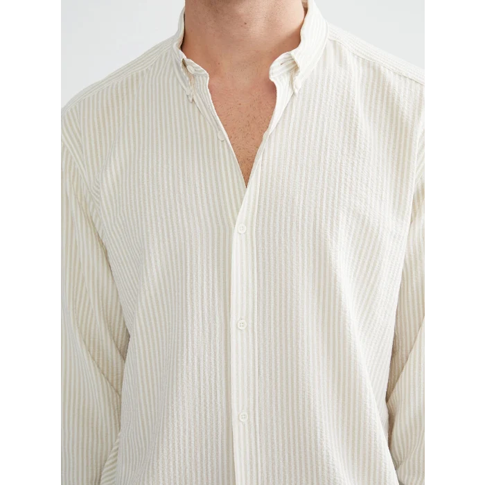 LCW Vision Bej Slim Fit Uzun Kollu Çizgili Erkek Gömlek