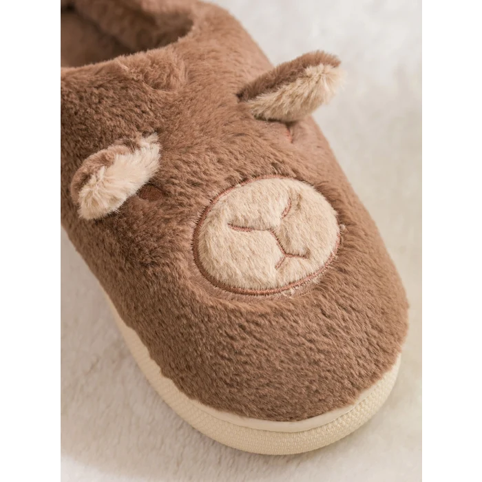 LCW STEPS Kahverengi Hayvan Figürlü Pelüş Kadın Ev Terliği