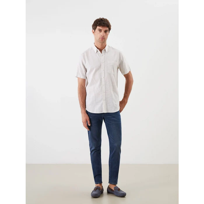 LCWAIKIKI Classic Bej Regular Fit Kısa Kollu Armürlü Erkek Gömlek